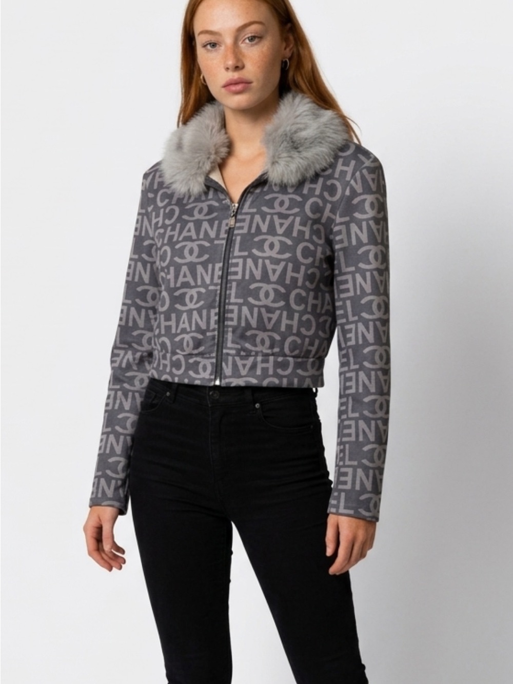 Gray Logo Zip-Up Jacket with Faux Fur Collar